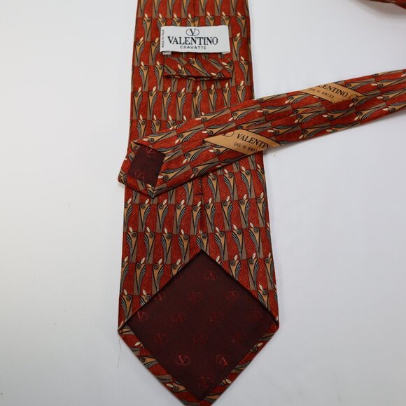 Valentino Cravatte Necktie Made in Italy 100% Silk Orange Geometric - Picture 4 of 5
